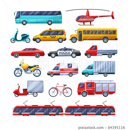 Urban transport set. Public transportable vehicle cars transport: trolleybus, scooter, bus, bicycle, ambulance fire-engine and police car, school bus, rescue service tram police motorcycle 84395116