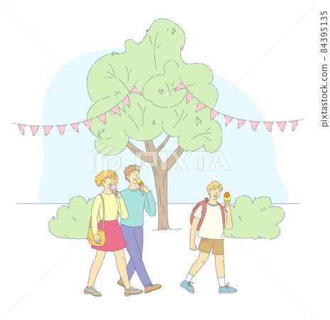 Street food festival event. Loving couple and young man are going to eat ice cream. Group people resting outdoors in park. City park restaurants flat line vector Street food festival event. Loving couple and young man are going to eat ice cream. Group people resting outdoors in park. City park restaurants flat line vector 84395135