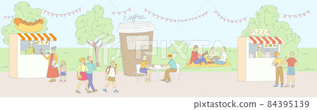 Street food festival event. Group people eating ice cream fast food, buying coffee at kiosk. Family elderly kid resting outdoors in park market walking between vans. City park restaurants flat 84395139