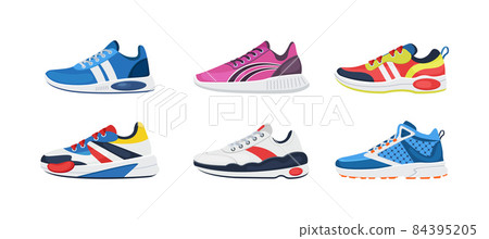 Fitness sneakers shoes set. Comfortable shoes for training, running and walking. Sports shoes of various shapes, training footwear, active sport sneakers cartoon vector 84395205