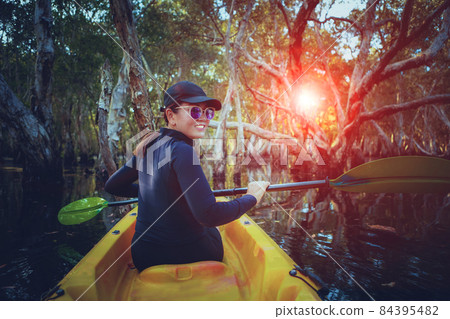 woman sailing sea kayak in big mangrove forest habitat 84395482