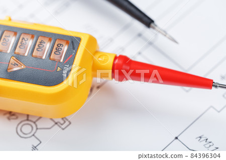 Yellow tester for step-by-step voltage indication on the electrical circuit. Yellow tester for step-by-step voltage indication on the electrical circuit. 84396304