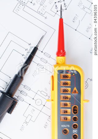 Yellow voltage indicator in close-up on the electrical diagram Yellow voltage indicator in close-up on the electrical diagram 84396305