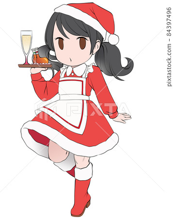 Waitress in Santa clothes carrying champagne and chicken 84397496