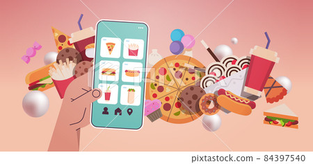 human hand choosing junk food on smartphone screen unhealthy nutrition junkfood addiction stop fast food human hand choosing junk food on smartphone screen unhealthy nutrition junkfood addiction stop fast food 84397540