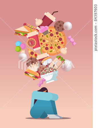 sad overweight woman thinking about junk food unhealthy nutrition junkfood addiction stop fast food concept sad overweight woman thinking about junk food unhealthy nutrition junkfood addiction stop fast food concept 84397603