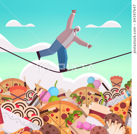 senior man balancing on rope above junk food assortment of fast food unhealthy nutrition junkfood addiction concept vertical full length vector illustration 84397647