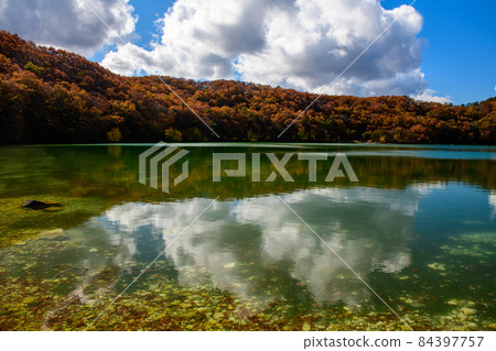 片沼鳴子溫泉的秋葉和藍天（宮城縣） 84397757