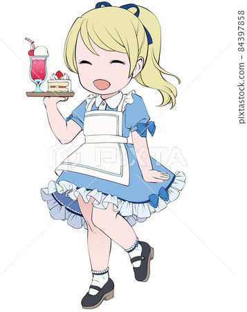 拿著蛋糕套裝的笑臉金發女服務員 84397858