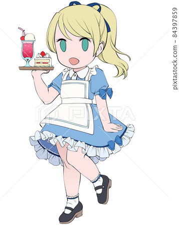 開朗的金發女服務員拿著一套蛋糕 84397859