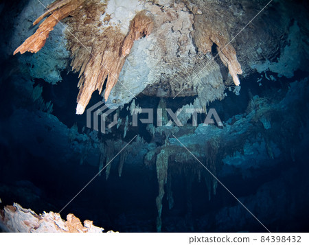 仰望水下石灰岩洞穴的天花板(Cenote Dos Ojos,墨西哥圖盧姆) 仰望水下石灰岩洞穴的天花板(Cenote Dos Ojos,墨西哥圖盧姆) 84398432