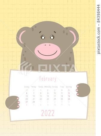 2022 february calendar, cute monkey animal holding a monthly calendar sheet, hand drawn childish style. 2022 february calendar, cute monkey animal holding a monthly calendar sheet, hand drawn childish style. 84398444