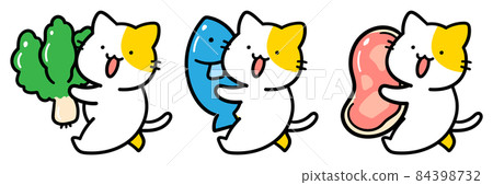 Handwritten style illustration set of cute cats carrying various ingredients Handwritten style illustration set of cute cats carrying various ingredients 84398732