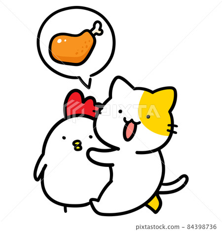 一隻可愛的貓的手寫風格插圖，一隻雞變成了雞 84398736