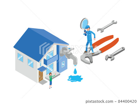 Isometric illustration of a worker rushing to repair a water leak 84400420