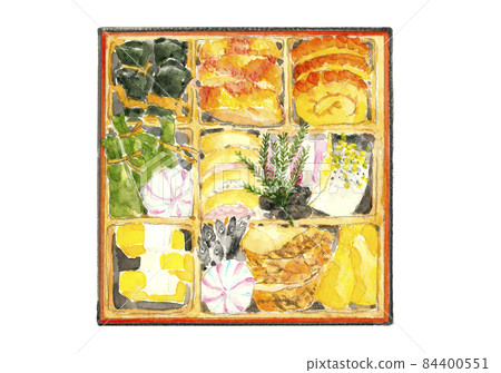 Osechi material packed in heavy weight [Watercolor illustration] White background with copy space Transparent background 84400551