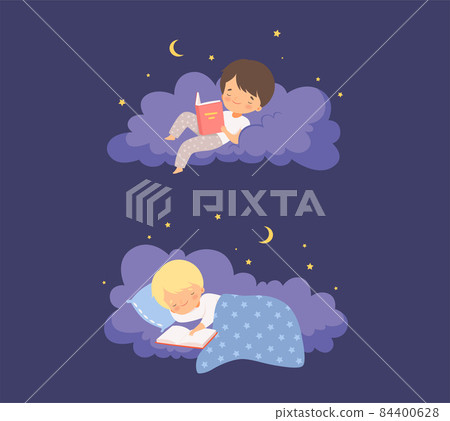 Cute Little Boy Lying on Soft Cloud at Night... - Stock Illustration ...