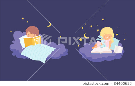 Cute Little Boy and Girl Lying on Soft Cloud at Night and Reading Bedtime Story Vector Set 84400633