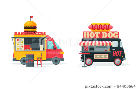 Wheeled Food Truck Selling Hamburger and Hot Dog as Street Snack Restaurant Vector Set 84400664