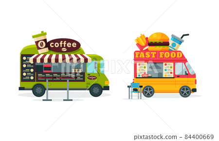 Wheeled Food Truck Selling Coffee and Burger as Street Snack Restaurant Vector Set Wheeled Food Truck Selling Coffee and Burger as Street Snack Restaurant Vector Set 84400669