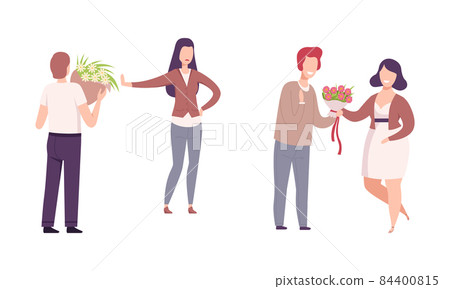 Man Giving Bouquet of Flowers to Woman Making Gallant Gesture Vector Set 84400815
