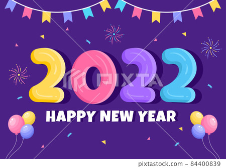 Happy New Year 2022 Template Flat Design Illustration with Ribbons and Confetti on a Colorful Background for Poster, Brochure or Banner 84400839