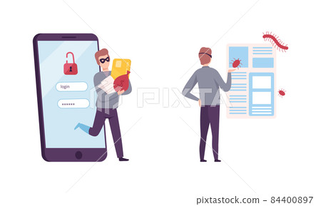 Hacker Stealing Personal Data and Money with Phishing Site Vector Set Hacker Stealing Personal Data and Money with Phishing Site Vector Set 84400897