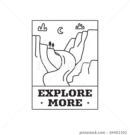 Camping adventure logo emblem illustration design. Outdoor label with mountains landscape and text - Explore more. Unusual linear hipster sticker. Stock . 84401302