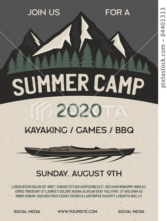 Summer camp flyer A4 format. Mountain Adventure poster graphic design with forest, kayak and text. Stock retro card 84401313