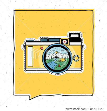 Vintage adventure badge illustration design. Outdoor emblem with camping scene inside the retro camera. Unusual hipster style patch. Stock 84401455