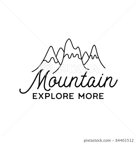 Vintage simple camp logo design. Outdoor adventure line art scene, hiking landscape. Silhouette linear concept. Mountain explore more quote text. Stock badge. 84401512