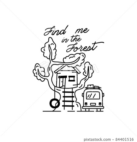 Vintage simple camp logo design. Outdoor adventure forest line art scene, hiking landscape. Silhouette linear concept. Find me in the forest quote text. Stock badge 84401516