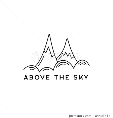 Vintage simple mountains logo design. Outdoor adventure line art scene, landscape. Silhouette linear concept. Above the sky quote text. Stock badge 84401517