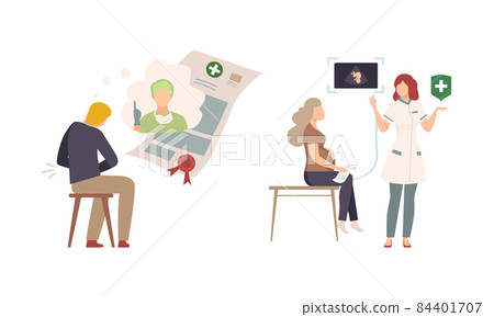 Health Insurance or Medical Insurance with Woman Doctor and Patient Checkup Vector Set Health Insurance or Medical Insurance with Woman Doctor and Patient Checkup Vector Set 84401707