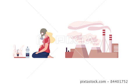 Environmental Pollution and Global Warming Cause with Pregnant Woman Near Plastic Product and Factory Emission Vector Set 84401752