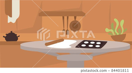 Interior design of kitchen, table with cooking 84401811