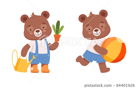 Cute Teddy Bear Character in Jumpsuit Gardening with Plant and Watering Can and Playing Ball Vector Set Cute Teddy Bear Character in Jumpsuit Gardening with Plant and Watering Can and Playing Ball Vector Set 84401926