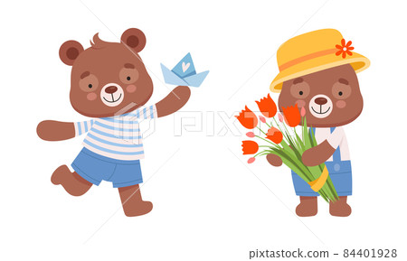 Cute Teddy Bear Character in Striped Shirt Running with Toy Boat and Holding Flower Bouquet Vector Set Cute Teddy Bear Character in Striped Shirt Running with Toy Boat and Holding Flower Bouquet Vector Set 84401928