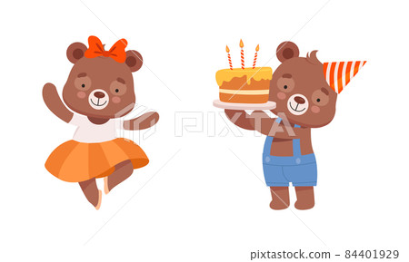Cute Teddy Bear Character in Birthday Cone Hat Holding Cake with Candles and Dancing in Skirt Vector Set Cute Teddy Bear Character in Birthday Cone Hat Holding Cake with Candles and Dancing in Skirt Vector Set 84401929