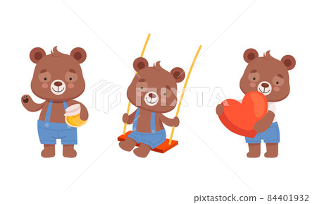 Cute Teddy Bear Character Holding Honey Jar and Swinging Vector Set Cute Teddy Bear Character Holding Honey Jar and Swinging Vector Set 84401932