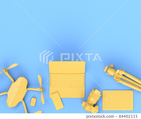 Top view of designer workspace and photography gear on blue table background Top view of designer workspace and photography gear on blue table background 84402115