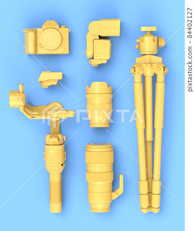 Top view of designer workspace and photography gear on blue table background Top view of designer workspace and photography gear on blue table background 84402127