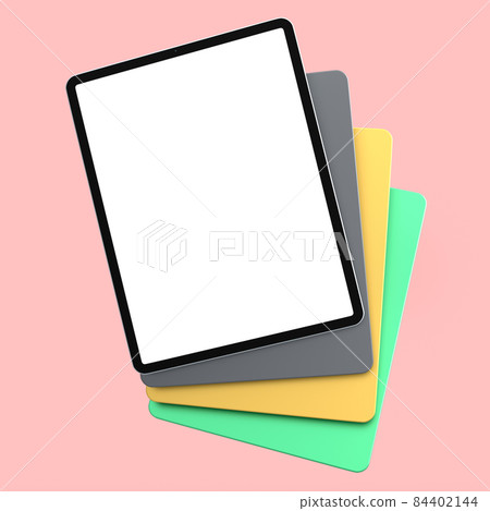 Set of computer tablets with cover case and blank screen isolated on pink. 84402144