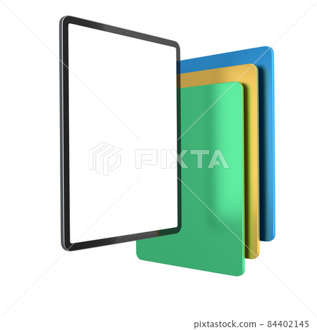 Set of computer tablets with cover case and blank screen isolated on white. 84402145