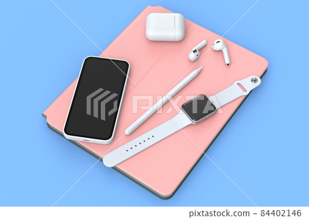 Computer tablet with stylus, smartwatch, phone and headphone on blue background 84402146