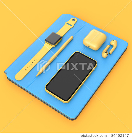 Computer tablet with stylus, smartwatch phone and headphone on yellow background 84402147