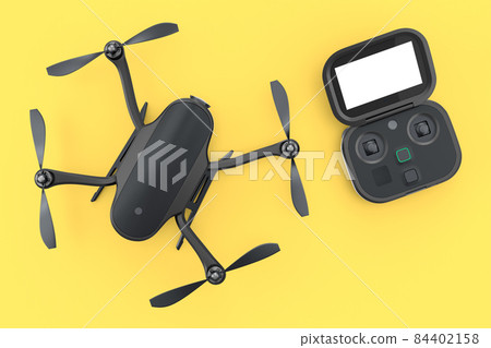 Photo and video drone or quad copter with action camera and remote on yellow Photo and video drone or quad copter with action camera and remote on yellow 84402158