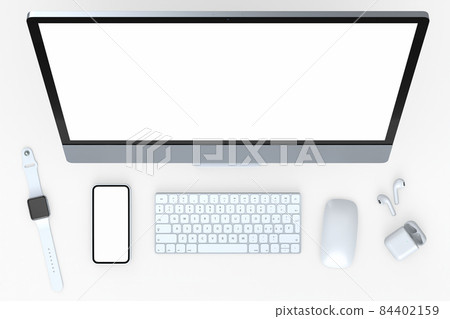 Desktop computer with mouse, smartwatch, phone and headphones on white 84402159