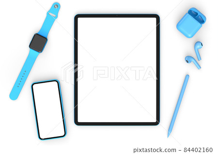 Computer tablet with stylus, smartwatch, phone and headphone on white background Computer tablet with stylus, smartwatch, phone and headphone on white background 84402160