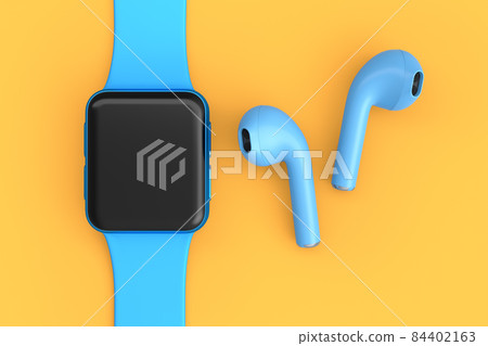 Stainless smart watch or fitness tracker and wireless headphones on yellow. Stainless smart watch or fitness tracker and wireless headphones on yellow. 84402163